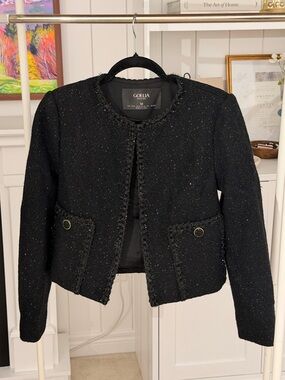 GOELIA Black Tweed Cropped Blazer with Decorative Trim